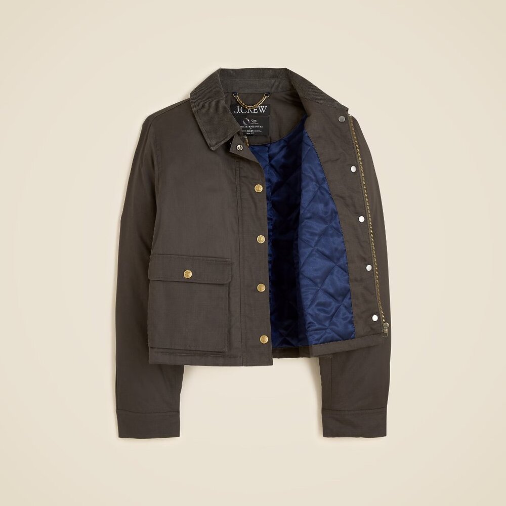 J. Crew Cropped Barn Jacket in Ripstop Cotton Mossy‎ Brown Size Med NWT